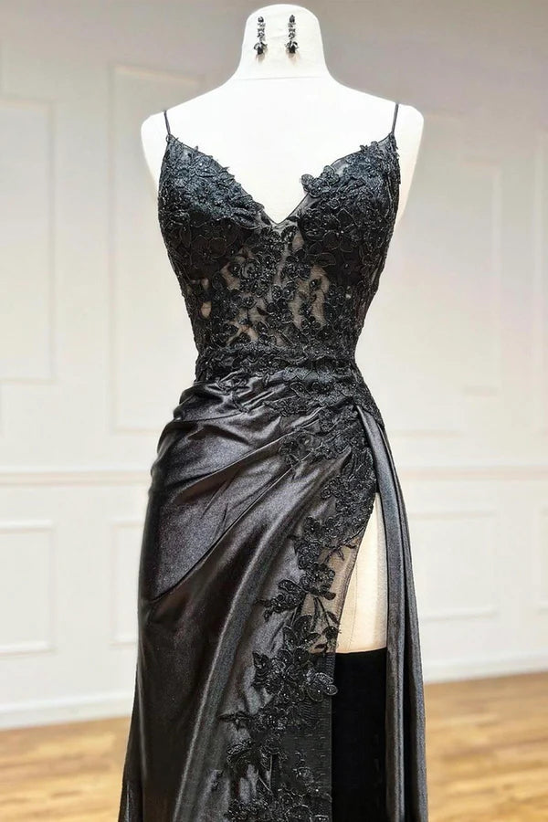 Black V-Neck Lace Long Formal Dress Black Spaghetti Strap Evening Gown with Leg Slits